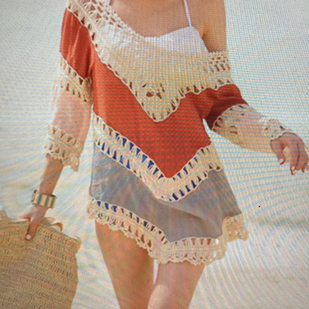 Women's Crochet Trim Swim Cover-Up - Red and Cream